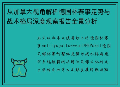 从加拿大视角解析德国杯赛事走势与战术格局深度观察报告全景分析